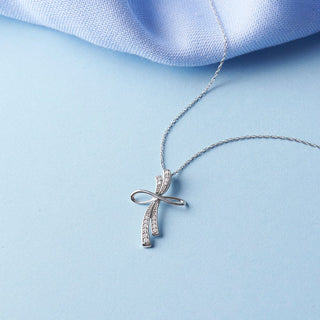 1/8 Carat Cursive Cross Lab Grown Diamond Pendant Necklace in Sterling Silver