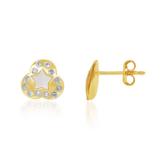 3-Petal Flower MOP, Diamond & Gold Stud Earrings in 10K Yellow Gold