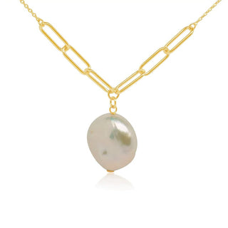 Unshaped Pearl With Link Gold Pendant Necklace in 9K Yellow Gold-18"