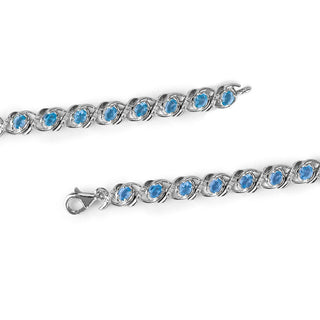 4.4 Carat Oval Swiss Blue Topaz X Link Diamond Tennis Bracelet in Sterling Silver-7.50''