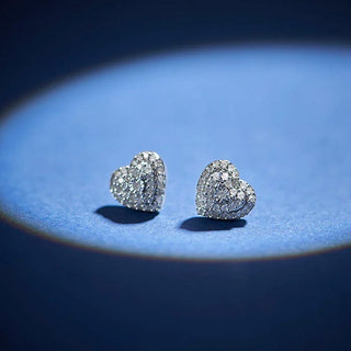 1/4 Carat Heart Shaped Double Diamond Frame Stud Earrings in Sterling Silver