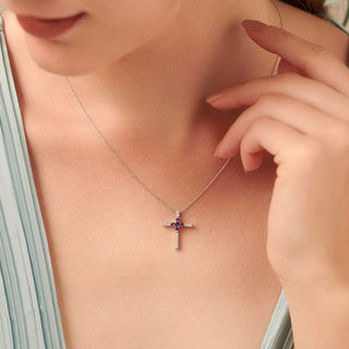 5/8 Carat Amethyst and Diamond Cross Pendant Necklace in Sterling Silver
