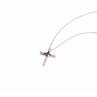5/8 Carat Amethyst and Diamond Cross Pendant Necklace in Sterling Silver