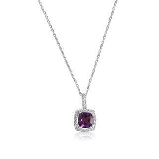 7/8 Carat Amethyst and Diamond Cushion Shaped Pendant Necklace in Sterling Silver