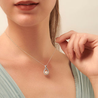 1.4 Carat Pearl and Diamond Tear Drop Pendant Necklace in Sterling Silver