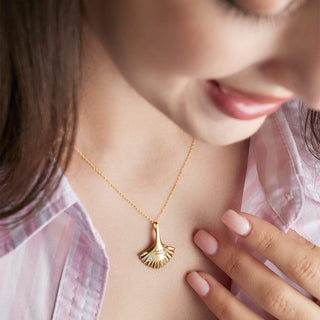 Diamond Accent Engravable Shell Shaped Pendant Necklace in 10K Yellow Gold-18"