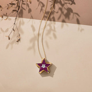 1/5 Carat Diamond & Ruby Studded Star Pendant Necklace in Sterling Silver With Yellow Plating-18"