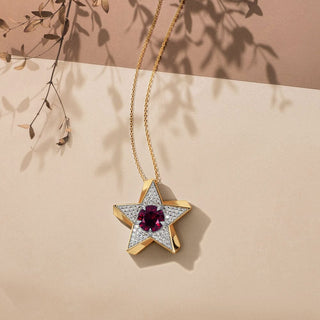 1/2 Carat Diamond & Ruby Studded Star Pendant Necklace in Sterling Silver with Yellow Plating-18"