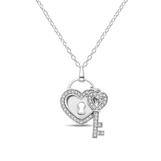 1/10 Carat Diamond Lock & Key "Love" Charm Necklace in Sterling Silver