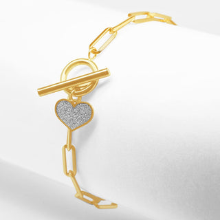 Bold Link Bar & Ring Glitter Gold Bracelet With Heart Charm in 9K Yellow Gold-7.5"