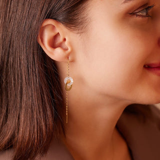 Twin Round MOP & Gold Thread Drop Earrings in 9K Yellow Gold