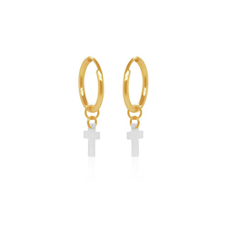 Mother of Pearl Cross with Gold Dangle Hoop Earrings in 9K Yellow Gold
