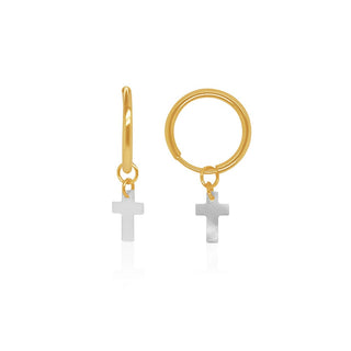 Mother of Pearl Cross with Gold Dangle Hoop Earrings in 9K Yellow Gold