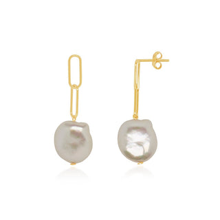 Unshaped Pearl with Gold links Drop Earrings in 9K Yellow Gold