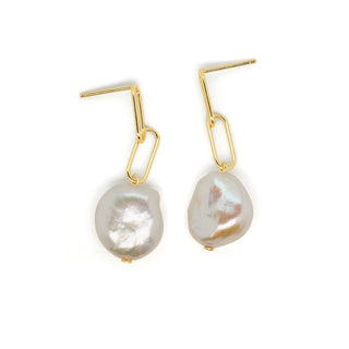 Unshaped Pearl with Gold links Drop Earrings in 9K Yellow Gold