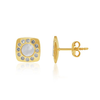 Square MOP, Diamond & Gold Stud Earrings in 10K Yellow Gold