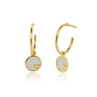 Round MOP Dangle Gold Hoop Earrings in 10K Yellow Gold