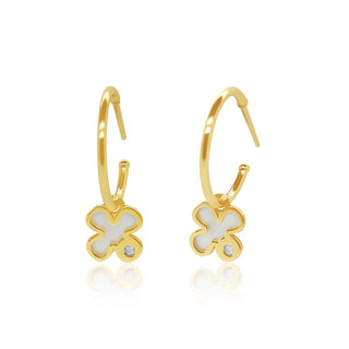 Flower MOP Dangle Gold Hoop Earrings in 10K Yellow Gold