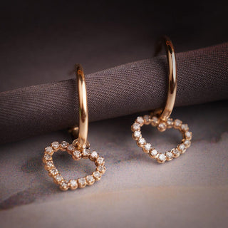 Outlined Diamond Heart Dangle Gold Hoop Earrings in 10K Yellow Gold