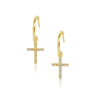 Diamond Cross Dangle Gold Hoop Earrings in 10K Yellow Gold