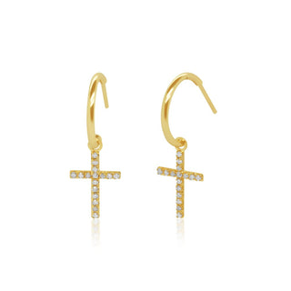 Diamond Cross Dangle Gold Hoop Earrings in 10K Yellow Gold