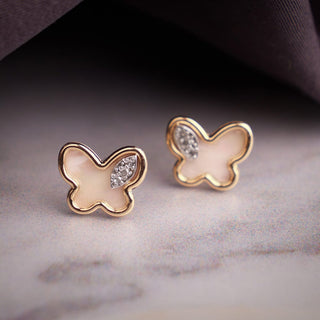 Butterfly MOP, Diamond & Gold Stud Earrings in 10K Gold