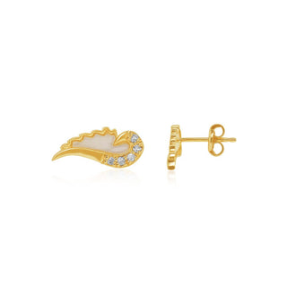 Elongated Heart MOP, Diamond & Gold Stud Earrings in 10K Yellow Gold