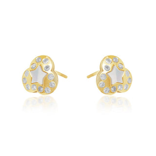 3-Petal Flower MOP, Diamond & Gold Stud Earrings in 10K Yellow Gold