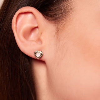 Heart-shaped MOP, Diamond & Gold Stud Earrings in 10K Yellow Gold
