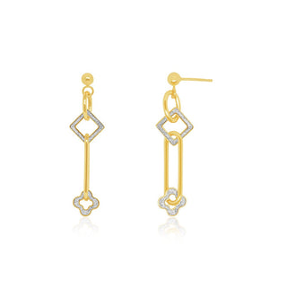Alternating Flower & Diamond-shaped Glitter Gold Drop Earrings in 9K Yellow Gold
