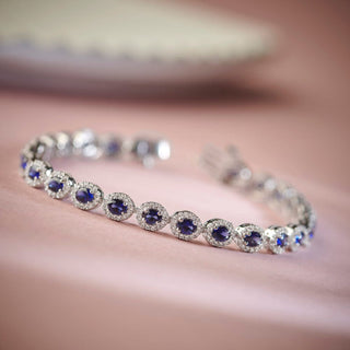9.2 Carat Oval Shaped White and Blue Sapphire Tennis Bracelet in Sterling Silver-7.25''