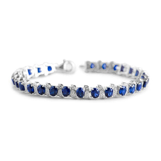 15.1 Carat Blue Sapphire and Linear Diamond Tennis Bracelet in Sterling Silver -7.50''