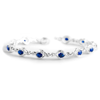 6.2 Carat Interlinked Oval Blue Sapphire and Diamond Tennis Bracelet in Sterling Silver-7.25''