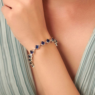 13.7 Carat Princess Blue Sapphire Tennis Bracelet in Sterling Silver-7.25''