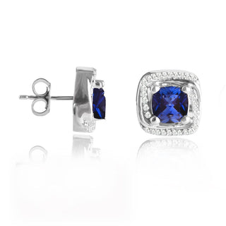 2.9 Carat Cushion Cut Blue Sapphire Diamond Stud Earrings in Sterling Silver