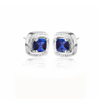 2.9 Carat Cushion Cut Blue Sapphire Diamond Stud Earrings in Sterling Silver