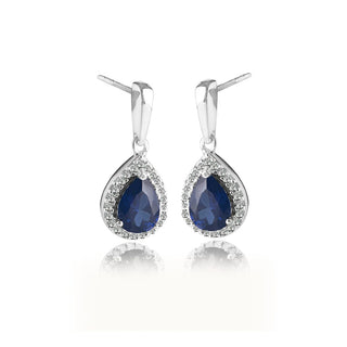 2 Carat Pear Blue Sapphire and Diamond Tear Drop Earrings in Sterling Silver