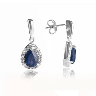 2 Carat Pear Blue Sapphire and Diamond Tear Drop Earrings in Sterling Silver