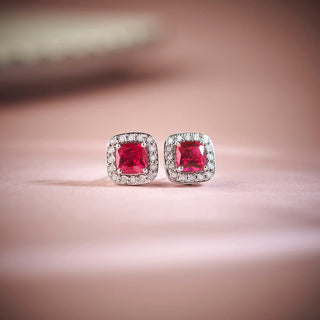 4 Carat Cushion Cut Ruby and Diamond Halo Stud Earrings in Sterling Silver
