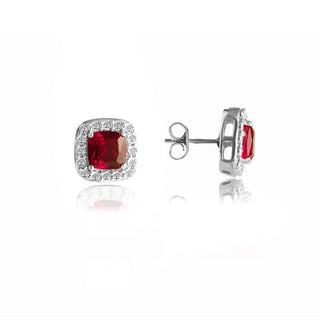 4 Carat Cushion Cut Ruby and Diamond Halo Stud Earrings in Sterling Silver