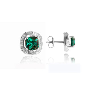 2.1 Carat Cushion Cut Emerald and Diamond Halo Stud Earrings in Sterling Silver