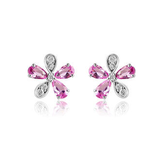 1.9 Carat Pink Sapphire Floral Stud Earrings with Diamonds in Sterling Silver