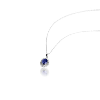 3 Carat Blue Sapphire and Diamond Halo Pendant Necklace in Sterling Silver