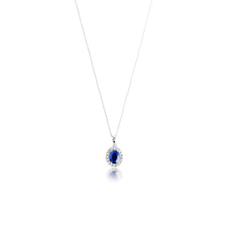 3 Carat Blue Sapphire and Diamond Halo Pendant Necklace in Sterling Silver
