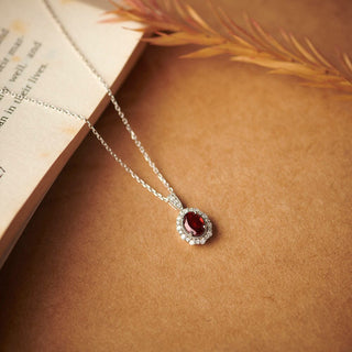 7/8 Carat Garnet Victorian Diamond Pendant Necklace in Sterling Silver