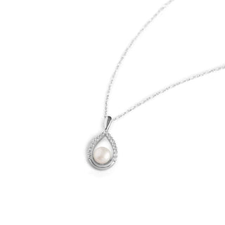 2.1 Carat Pearl & White Sapphire Tear Drop Pendant Necklace in Sterling Silver