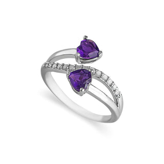 3/4 Carat Heart Shaped Amethyst and Diamond Waves Ring in Sterling Silver
