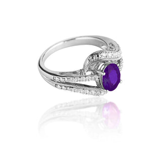 1.4 Carat Oval Amethyst and White Topaz Waves Ring in Sterling Silver