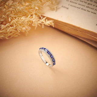1.4 Carat Baguette Cut Blue Sapphire & Diamond Band Ring in Sterling Silver