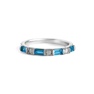 5/8 Carat Baguette Cut Swiss Blue Topaz & Diamond Band Ring in Sterling Silver